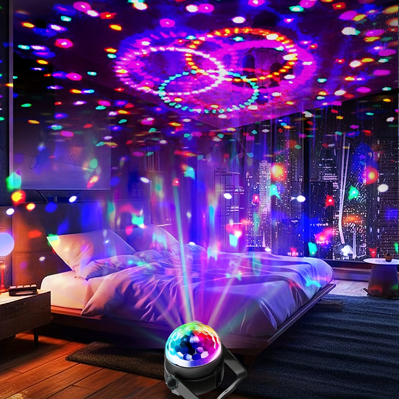 USB powered disco ball lamp set with RGB LED lights and music rhythm control. Polished finish countertop magic ball for flashing indoor DJ lighting in various room types. Made of plastic, no remote control.