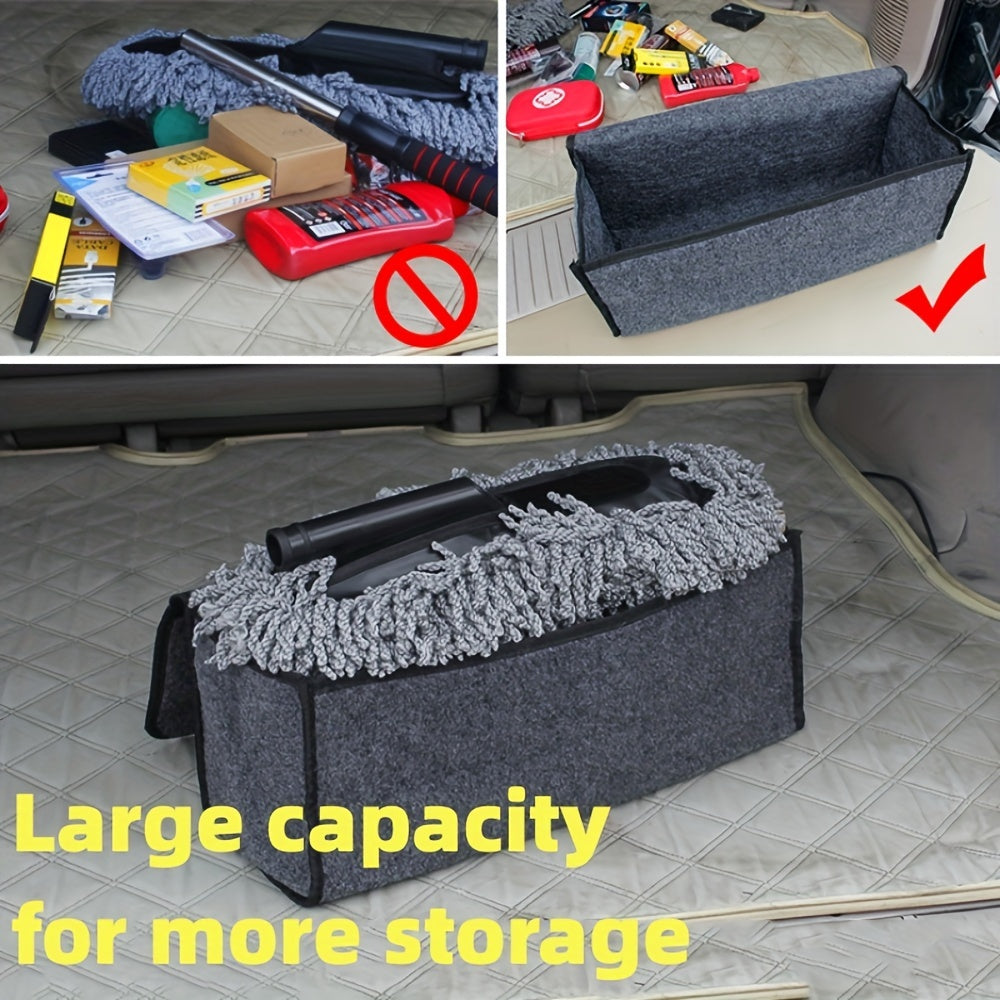 Folding storage box for car interior in black and grey, featuring hook-and-loop fastener for easy installation.