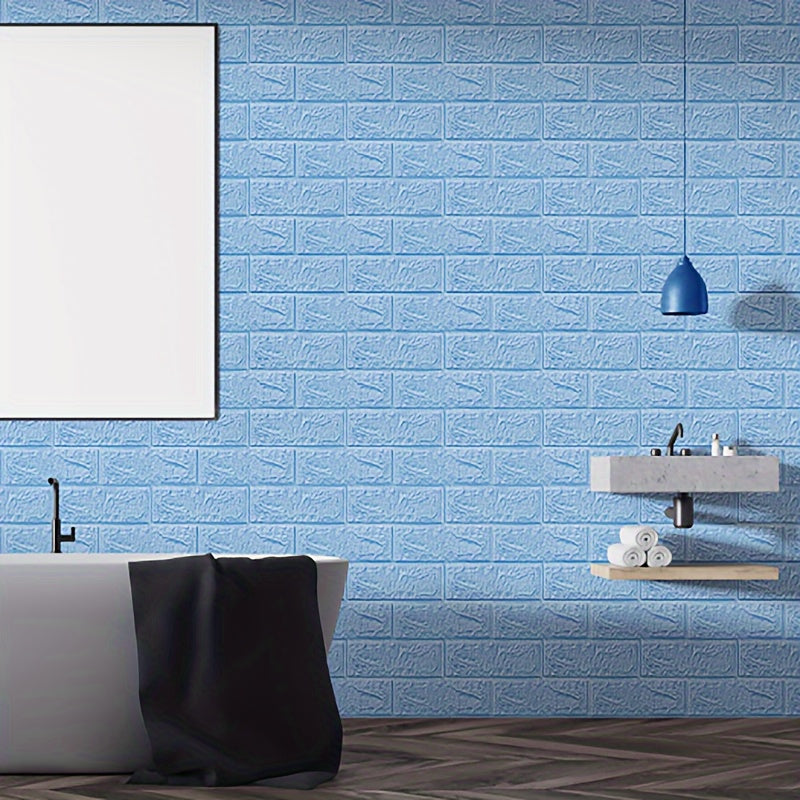 1 self-adhesive 3D foam wallpaper roll with retro brick pattern that is waterproof and oilproof, suitable for DIY furniture refurbishment in living rooms, kitchens, and bedrooms.