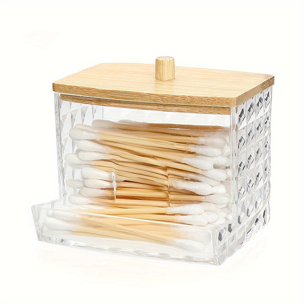 Clear acrylic swab holders with wooden lids for dust-proof storage of swabs, jewelry, powder puffs, beauty eggs. Can be used for household organization on dresser, desktop, or in bathroom, dorm room.