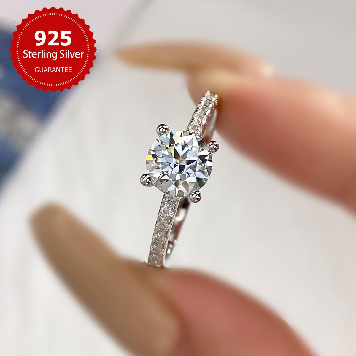 Luxurious Sterling Silver 925 Moissanite Engagement Ring for Women, featuring an elegant design with a 4-Prong Solitaire Wedding Band. This Noble Bridal Jewelry Gift is perfect for Valentine's Day and is suitable for any season.