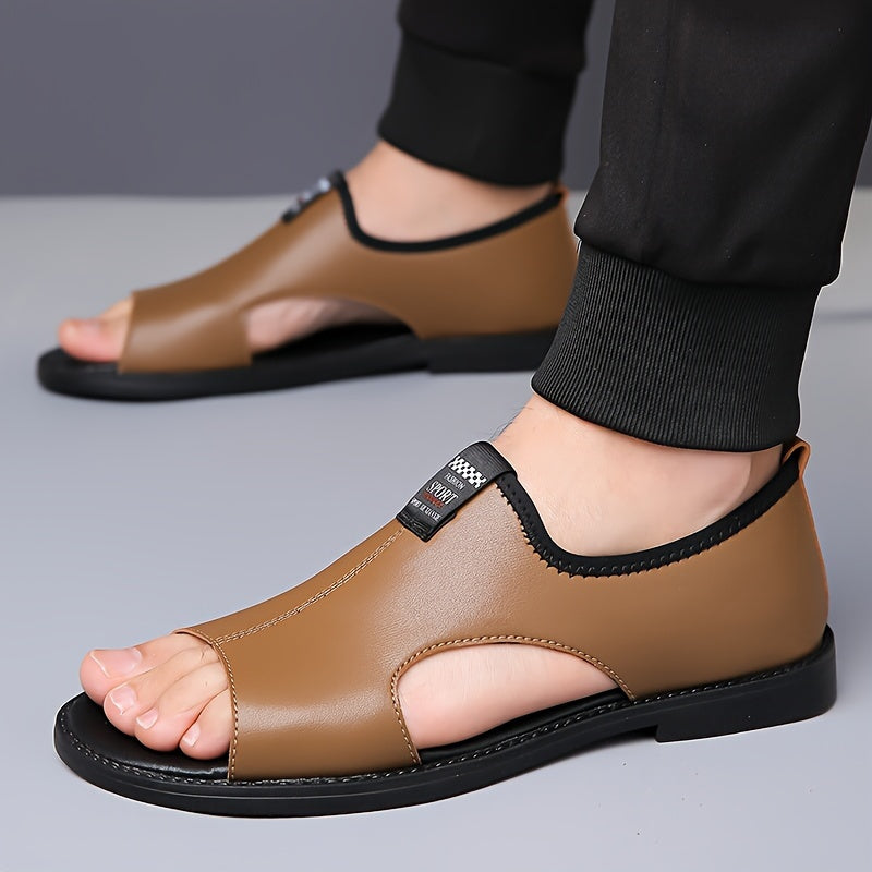 Breathable non-slip black slip-on sandals for men, ideal for summer. Made with synthetic upper and rubber sole. Perfect for casual wear, vacation, and driving.