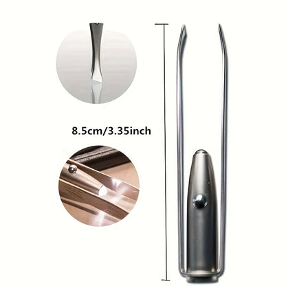 LED light stainless steel eyebrow tweezer with non-rechargeable battery-powered precision grooming tool.