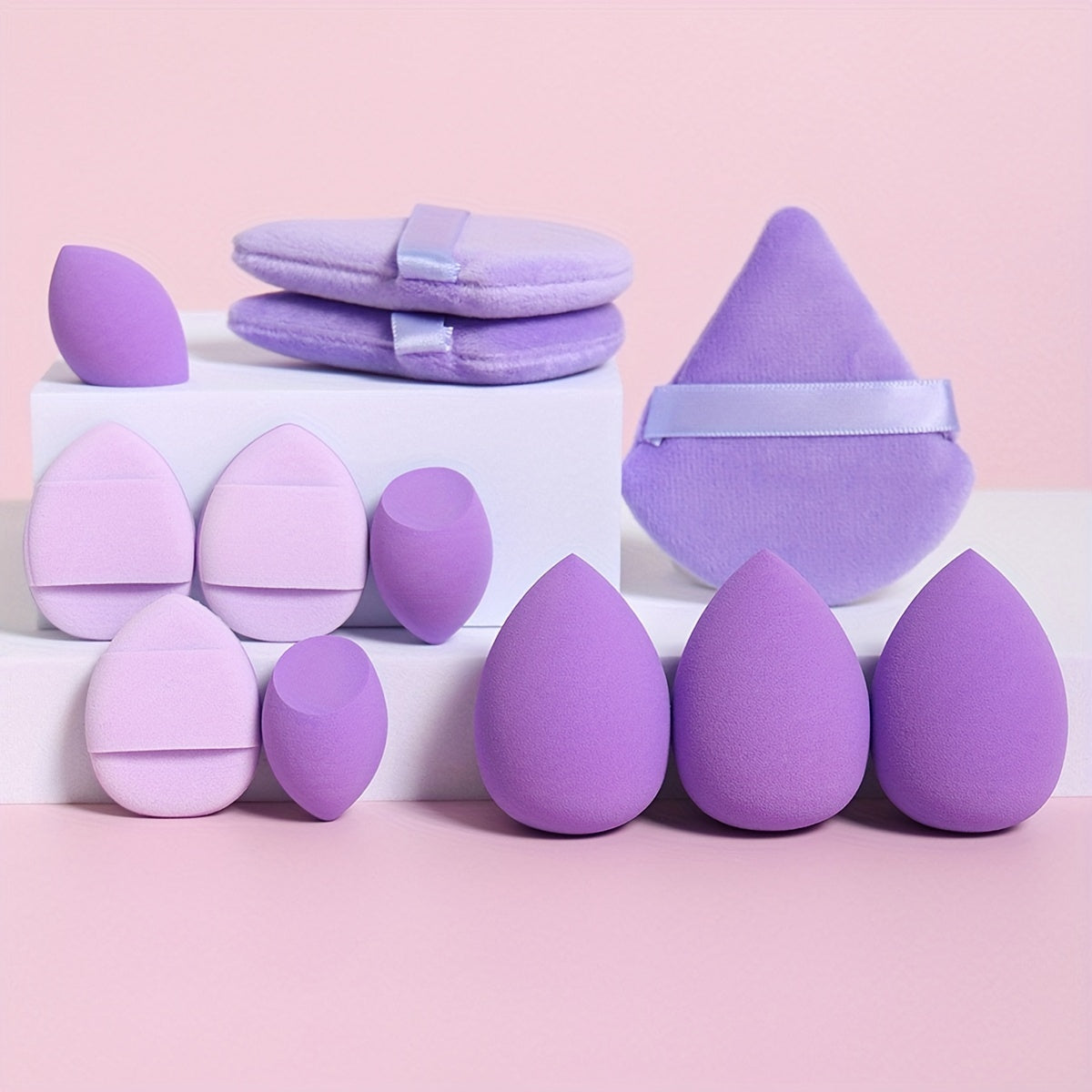 12pcs makeup sponge set includes loose powder puffs, mini air cushion puffs, makeup sponges, and mini makeup sponges. Latex-free, suitable for all skin types.