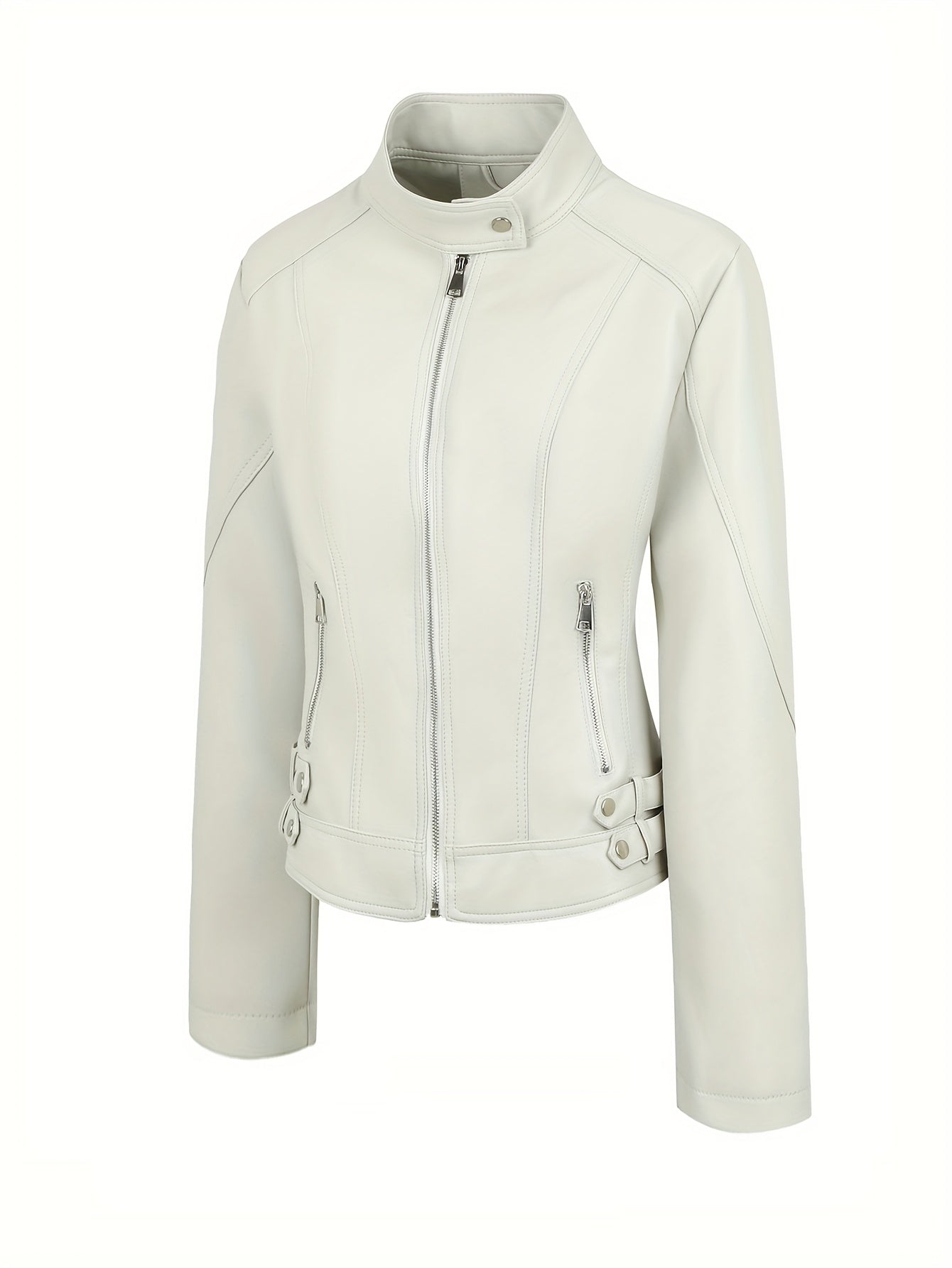 Women's faux leather biker jacket with stand collar and zip-up closure, perfect for spring/fall casual wear.