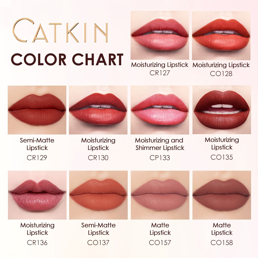 CATKIN Red Carving Matte Lipstick with Waterproof Long-Lasting Satin Finish for Smooth Red and Nude Lips.