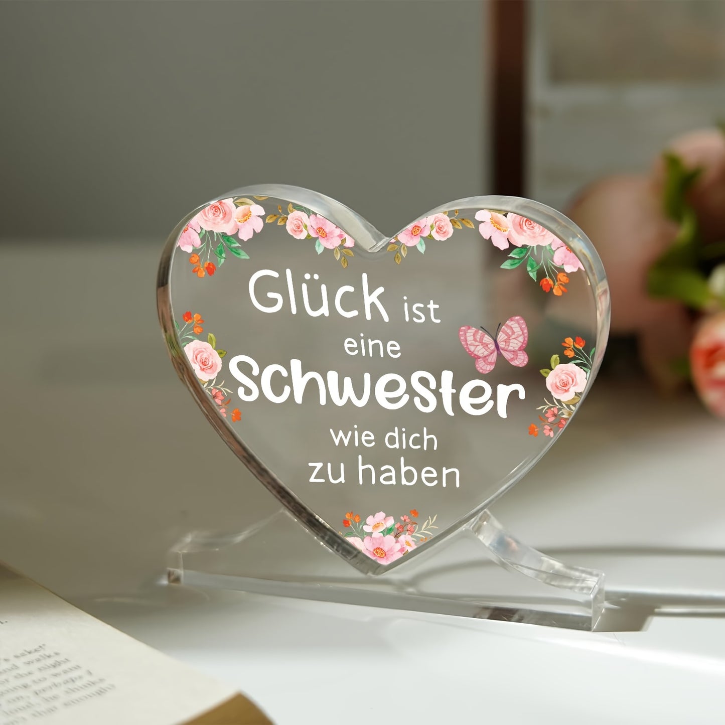 Heart shaped acrylic plaque decoration, personalized German gift for sister, suitable for office or bedroom, ideal for Thanksgiving, Christmas, or birthday.