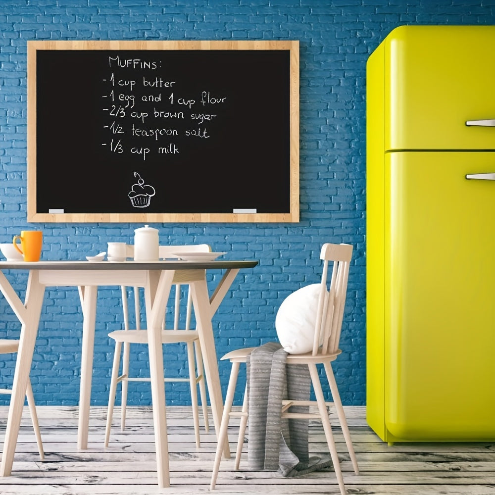 Erasable magnetic blackboard film for smooth surfaces in office and home settings. Includes eraser and 4 magnets.