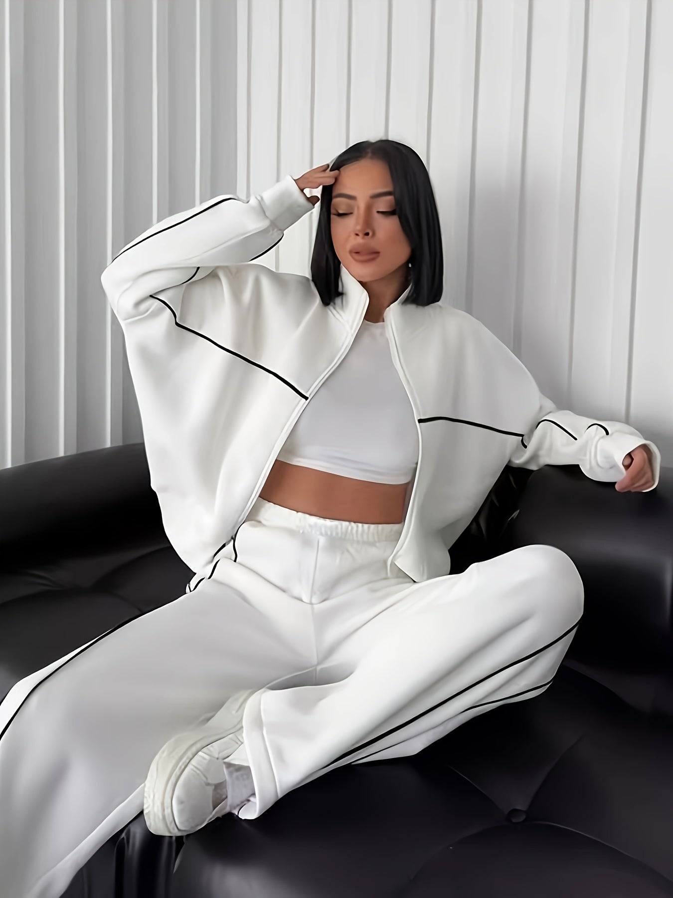 Women's Elegant Tracksuit Set - made of polyester with striped cuffs, includes zip-up hoodie and matching pants, machine washable, suitable for fall/winter.