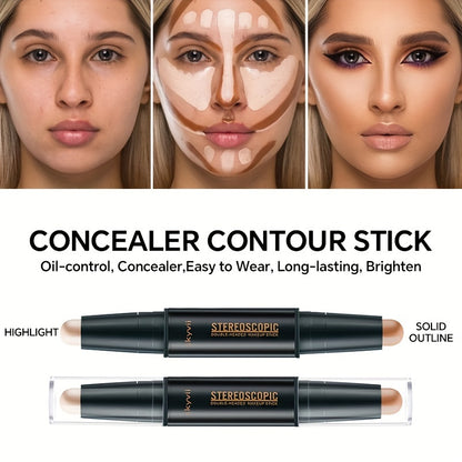 Dual-headed contouring stick for highlighting and shading to create a three-dimensional V-shaped nose shadow and high nose effect.