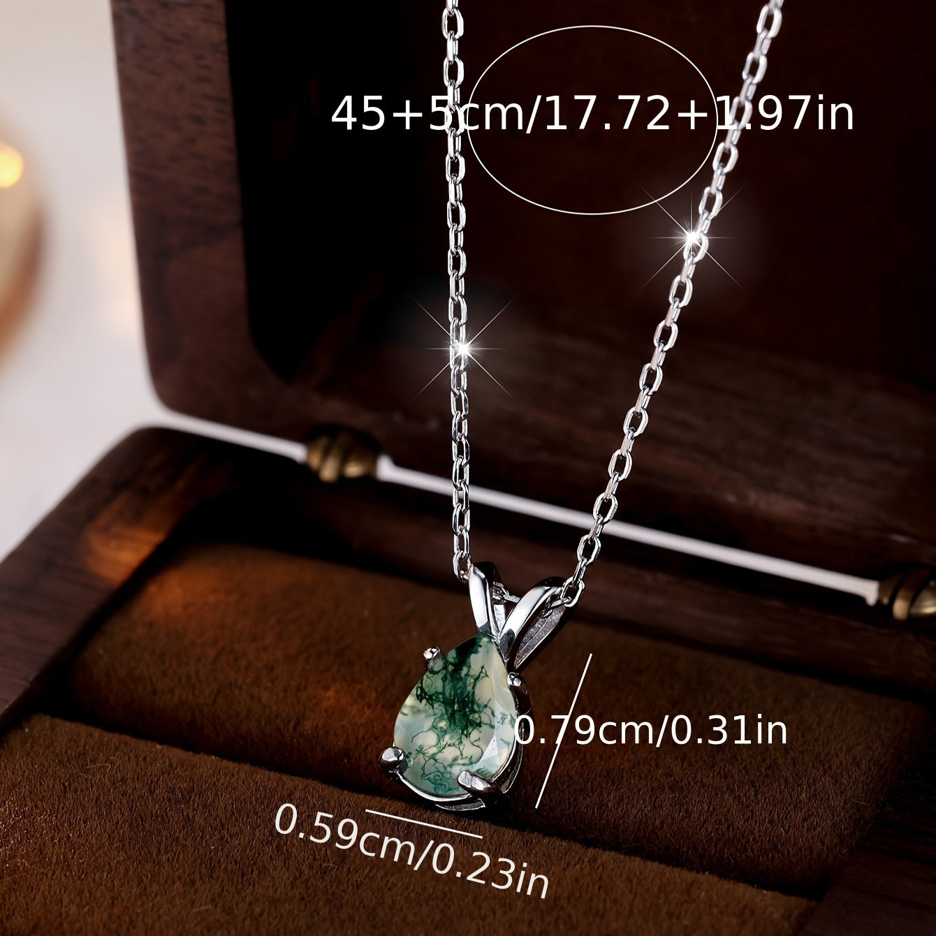 Moss Agate Pendant Necklace made from Green Natural Stone, set in 925 Sterling Silver with an Adjustable Neck Chain for Decoration.