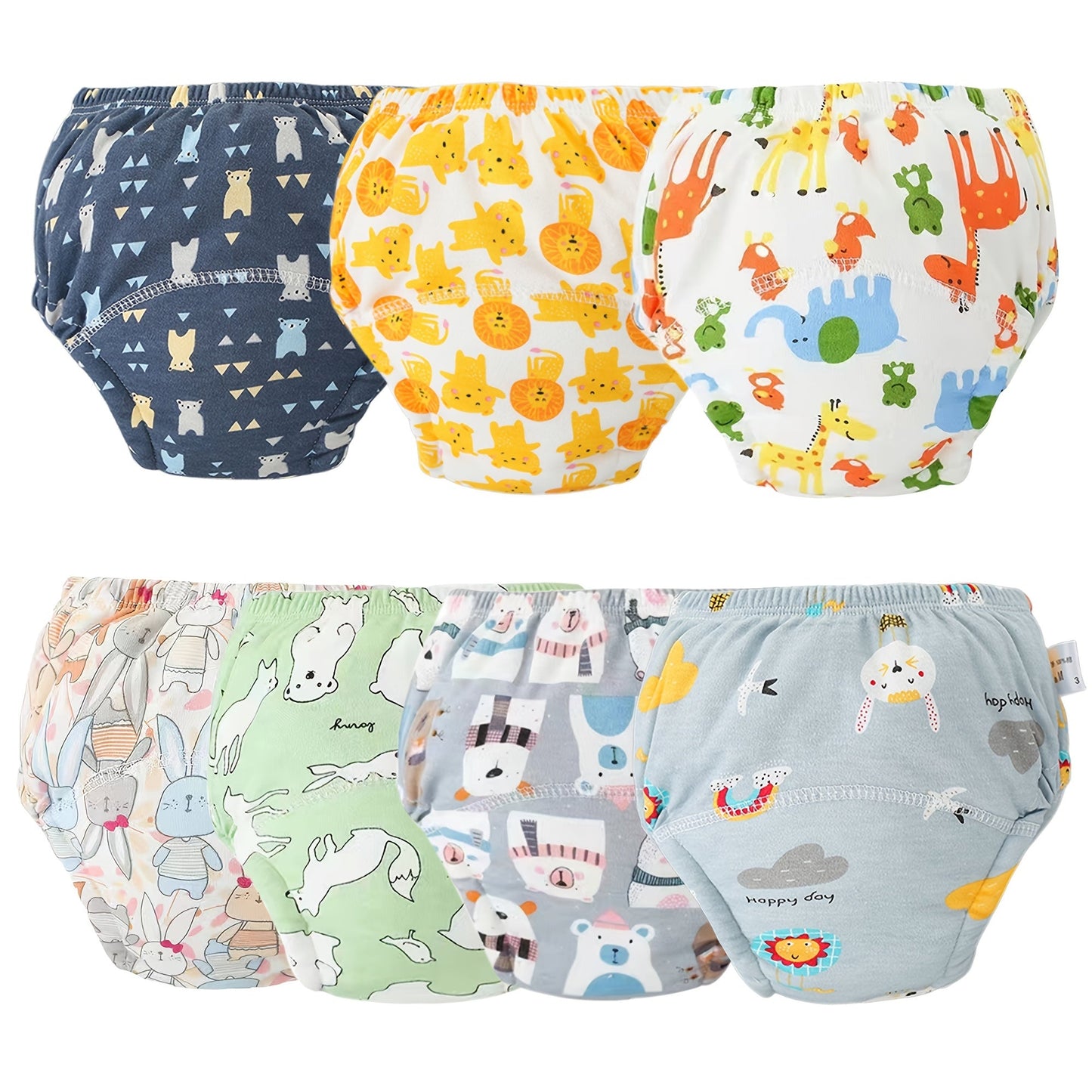 A set of 7 baby training pants made of washable cotton material for toddler toilet training. Featuring assorted patterns, leak-proof design, and an elastic waist. The perfect festive gift for Christmas, Halloween, Thanksgiving, Easter, or New Year