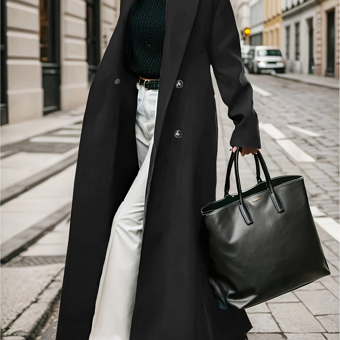 Stylish Women's Long Green Coat - Double-breasted with Large Buttons, Long Sleeves, Side Pockets for Fall/Winter Fashion