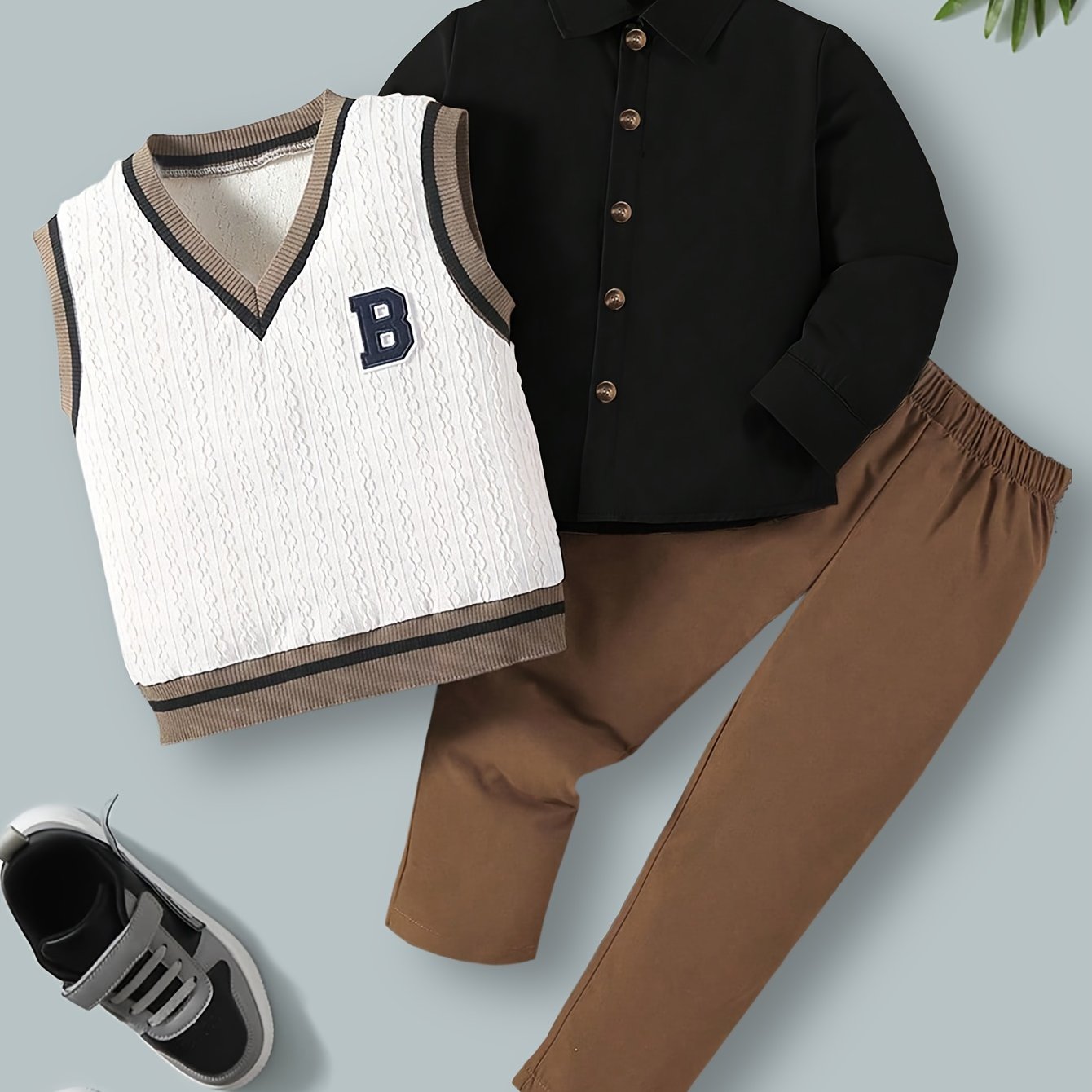 Boy's 3-piece outfit set for casual spring/autumn wear includes button-up cardigan, ribbed sweater vest with contrast trim, and loose-fitting pants for daily and outdoor activities.