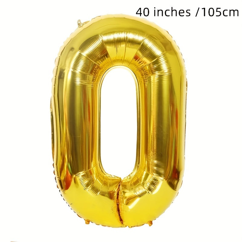 Birthday party decorations featuring a 40-inch golden large digit helium foil mylar balloon, photo balloon, and party supplies for weddings and aesthetic room decor.