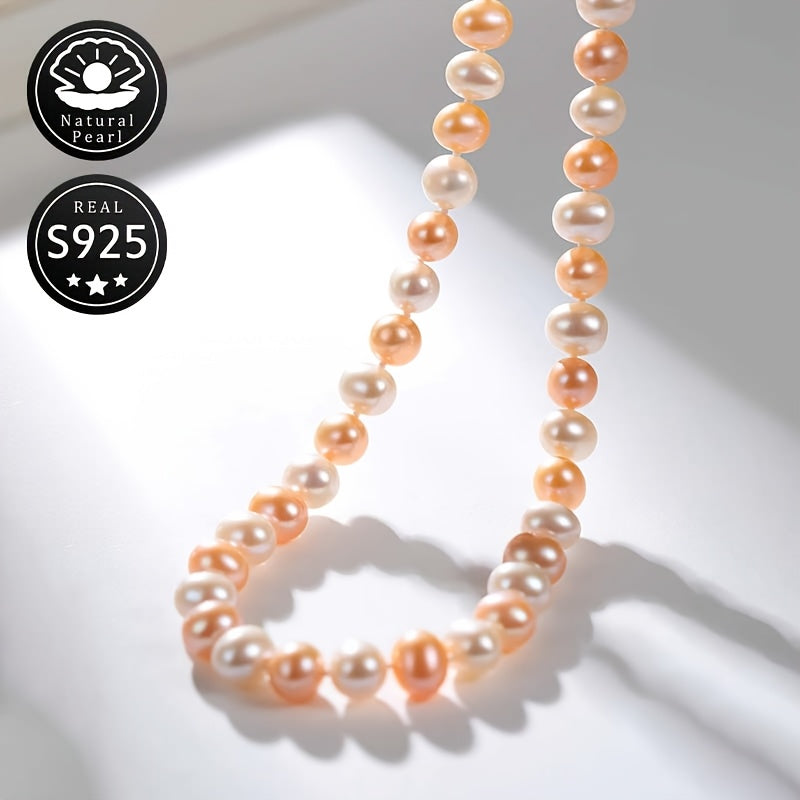 MUFAN Vintage Sexy Style Natural Freshwater Pearl Necklace - S925 Silver, 8-9mm, June Birthstone - Gift Box Included - Ideal for Daily Wear and Gifting - All-Season Jewelry for Women