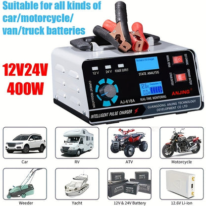 AU Plug Car Battery Charger for 12V 30A/24V 17A 400W Lithium batteries, suitable for car, boat, motorcycle lead acid batteries. Charger maintains battery without battery included.