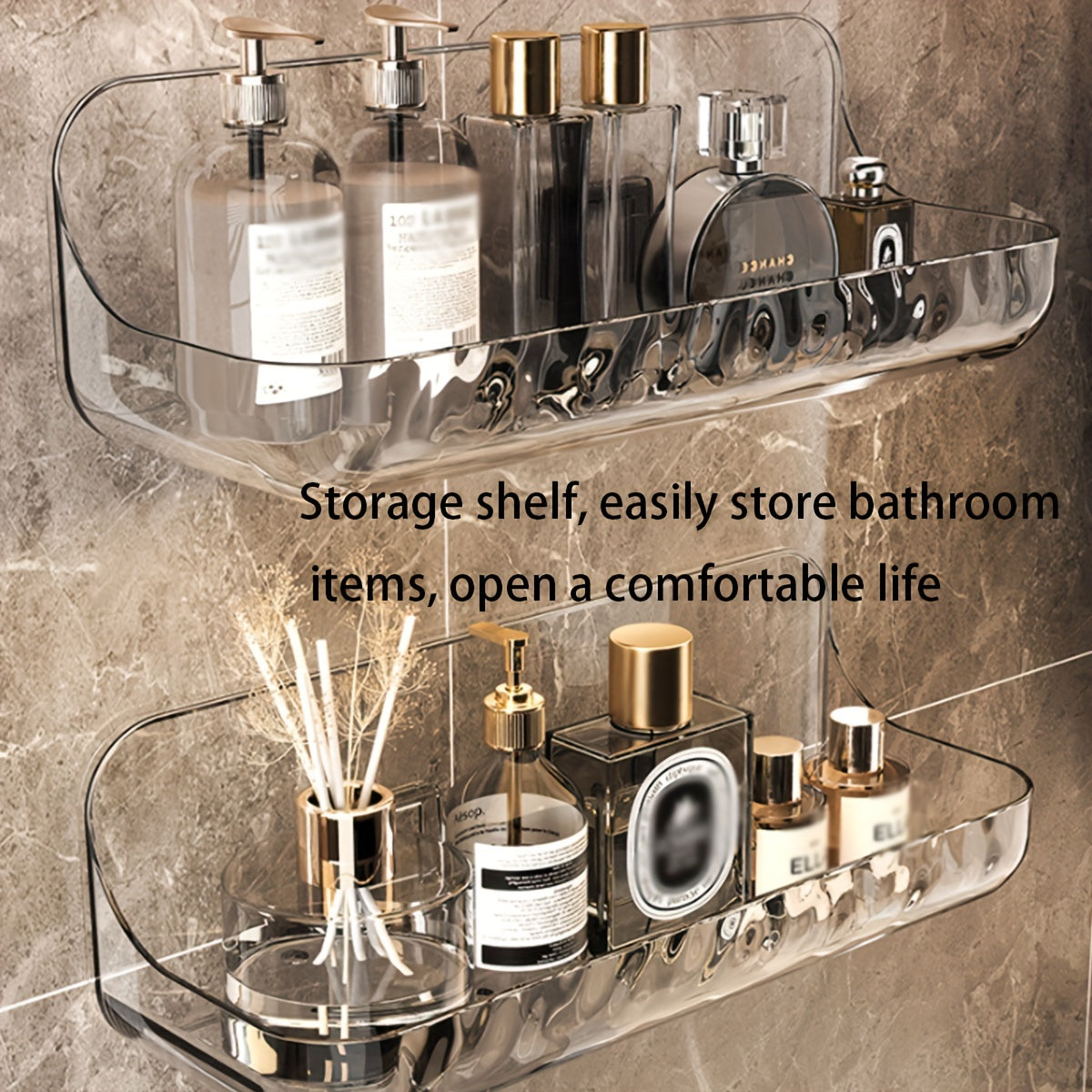 Wall-mountable Clear Acrylic Bathroom Shelf, No need for drilling, dimensions 24cm x 9.44in, perfect for cosmetics and toiletries.