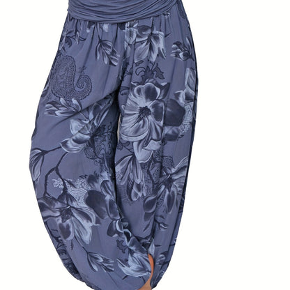 Women's floral print harem pants in blue and white, made of lightweight polyester with wide legs for a casual vacation style. Features a relaxed fit, perfect for machine washing.