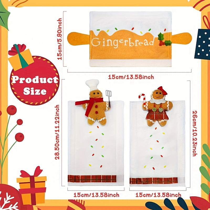 Set of three Christmas gingerbread refrigerator door handle covers, perfect for adding a festive touch to your kitchen. These covers are washable, feather-free, and microwave safe, making them a practical and stylish decoration for the holiday season.