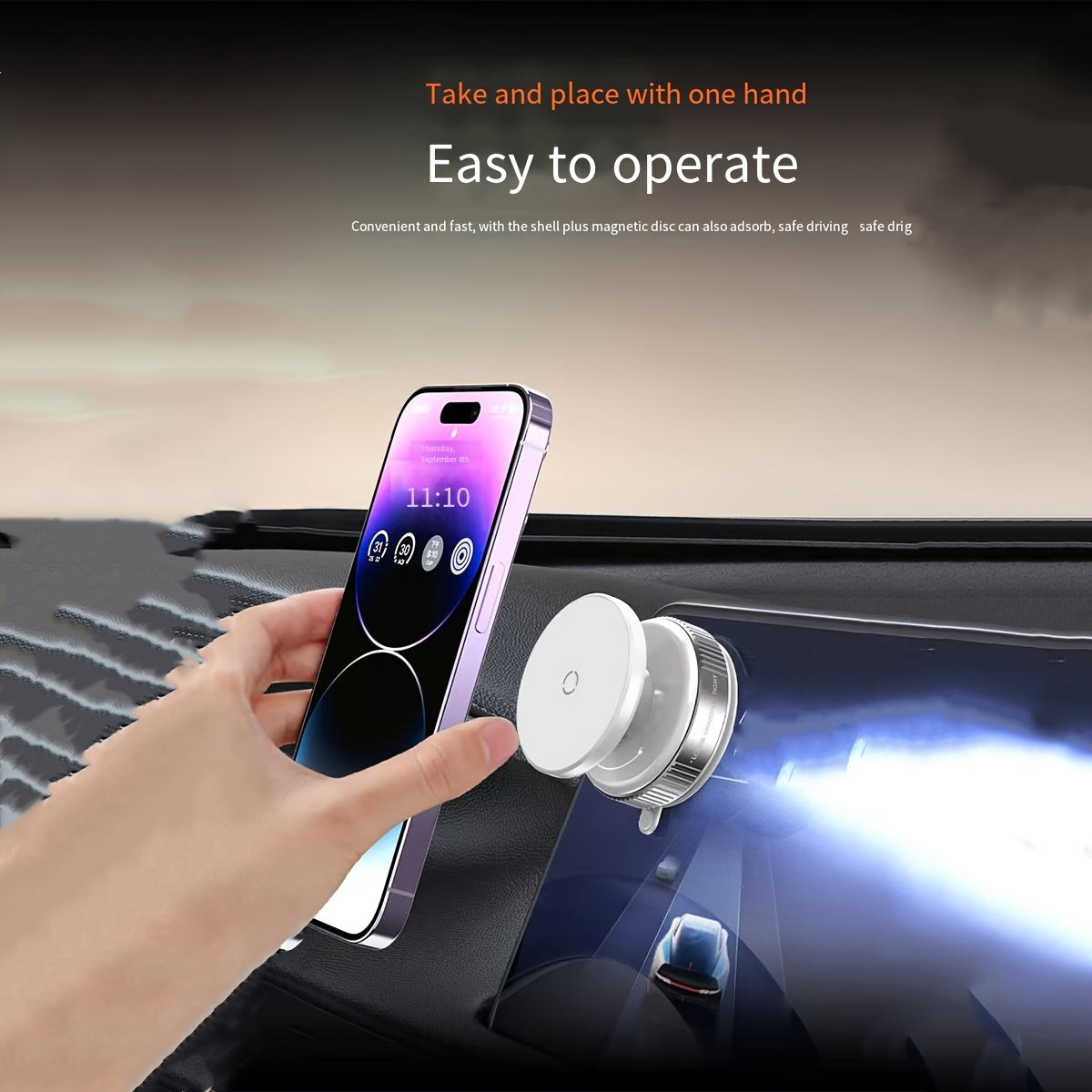 Adjustable car phone holder with 360-degree rotation, suction mount, soft PVC material, magnetic desktop stand for cars.