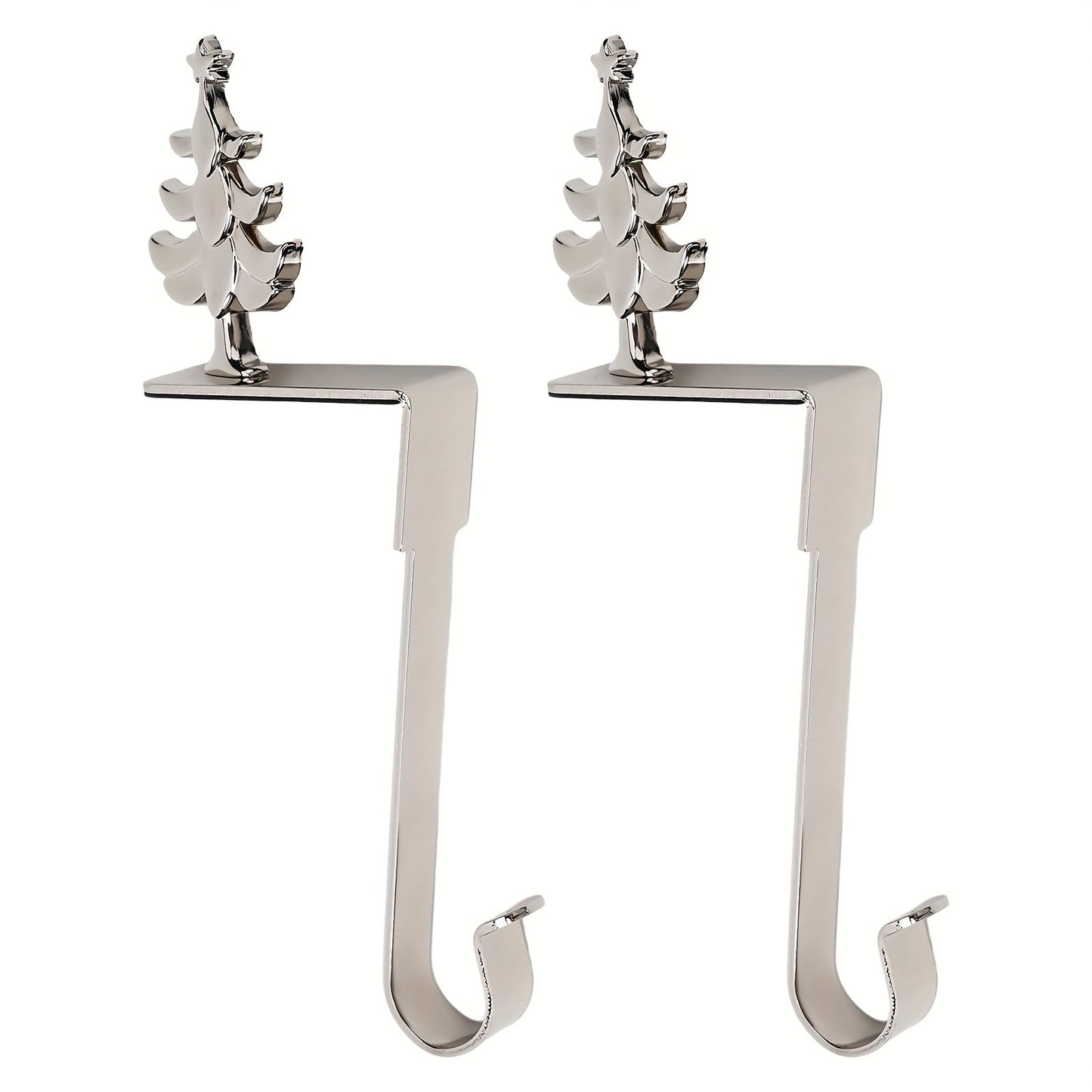 Set of 2 Christmas Mantel Stocking Holders - Stainless Steel with Silvery Finish, Decorated with Santa Claus, Snowman, Elk, and Snowflake Designs, Complete with Hooks