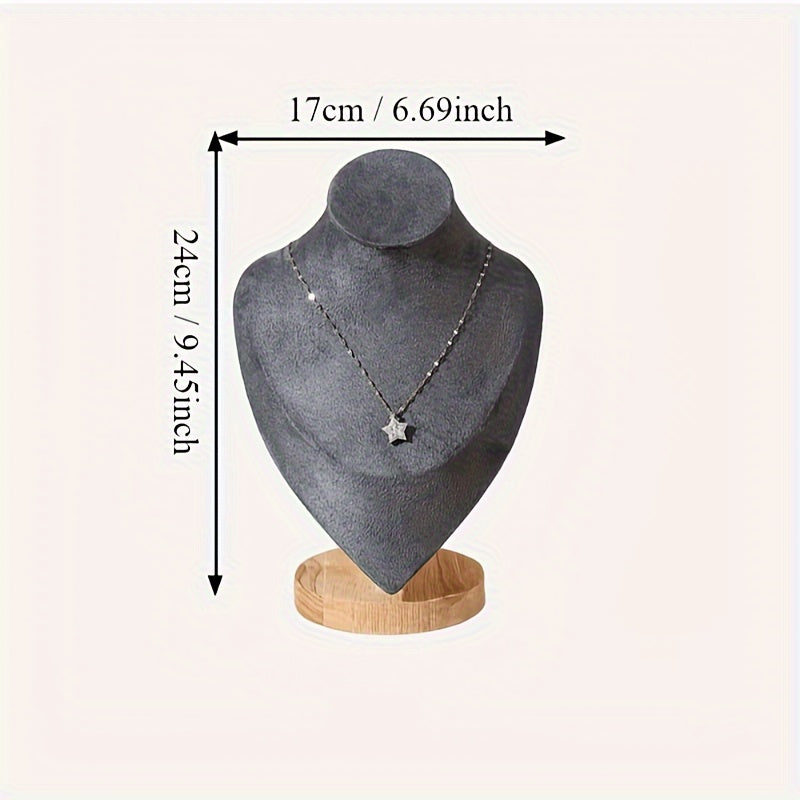 Wooden mannequin jewelry stand for displaying necklaces on dresser or window, ideal for home organization or retail showcasing.