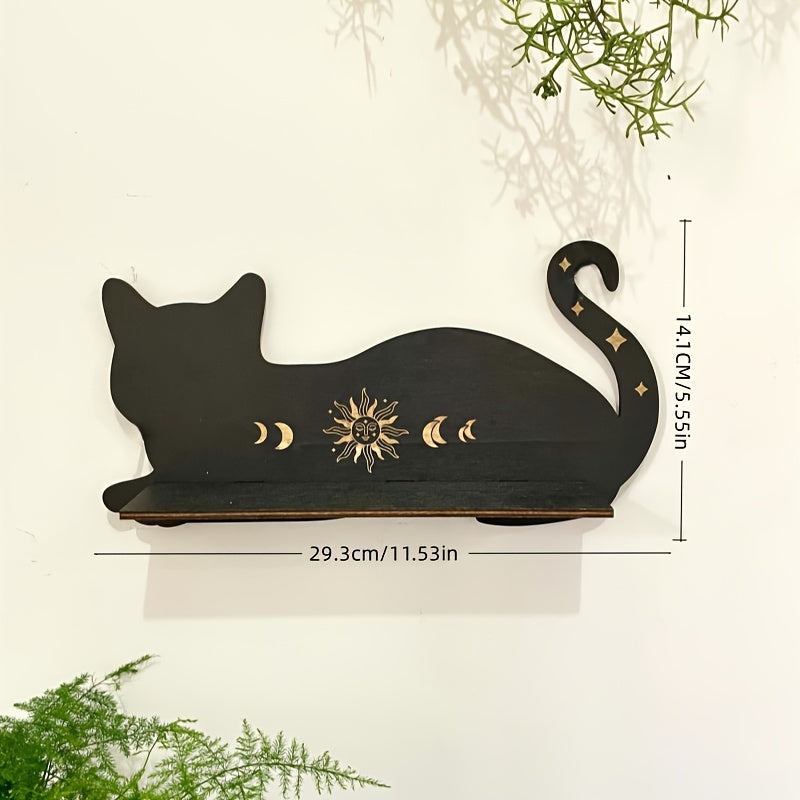 Black cat wall shelf for living room or bedroom decoration, perfect for plants, crystals, and scented candles for special occasions.