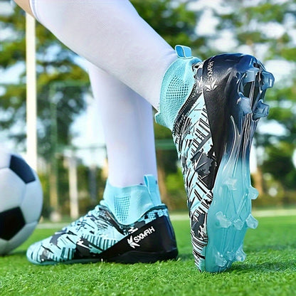 Men's high-performance football boots with solid pattern, lace-up closure, PU upper, and TPU sole for all-season athletic and outdoor soccer usage.