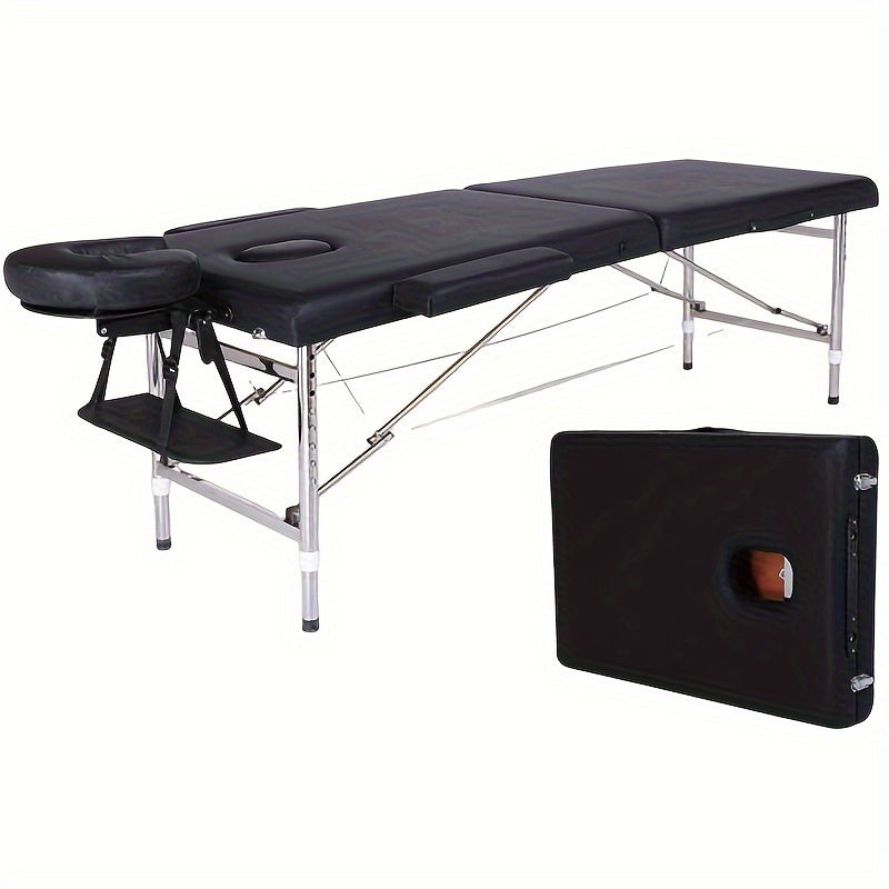 Foldable and portable adjustable height massage table with face pillow and suspension design, ideal for home, spa, and tattoo parlors.