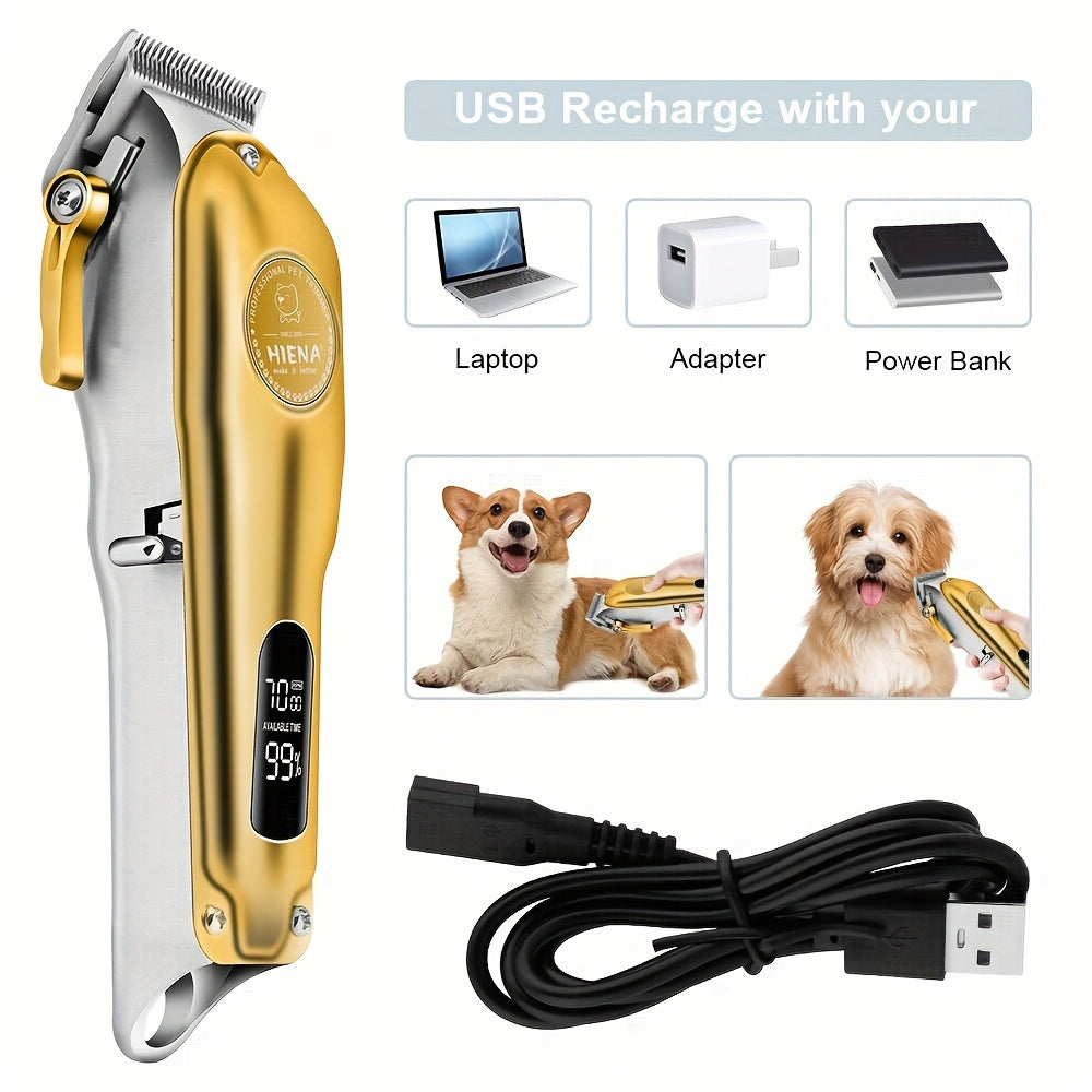 High-quality, rechargeable, cordless dog clipper with LED display screen, suitable for large dogs, low noise.