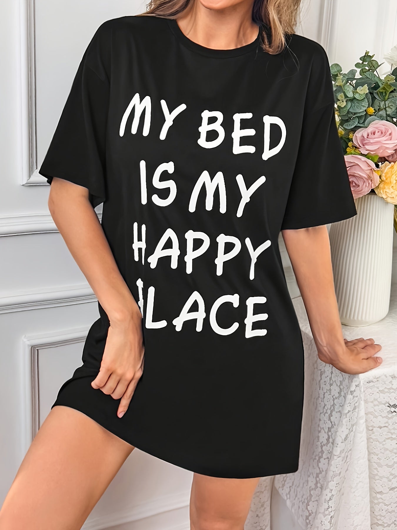 Casual sleepwear dress with slogan print, short sleeves, and round neck for comfortable nightwear.