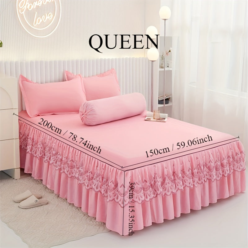 Chic 3-Piece Bed Skirt Set Featuring Double Layer Lace - Comes with 1 Bed Skirt and 2 Pillowcases, in a Solid Color. Non-Slip and Perfect for All Seasons, this Set is Machine Washable for easy care.