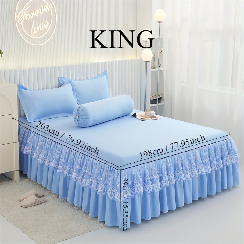 Chic 3-Piece Bed Skirt Set Featuring Double Layer Lace - Comes with 1 Bed Skirt and 2 Pillowcases, in a Solid Color. Non-Slip and Perfect for All Seasons, this Set is Machine Washable for easy care.