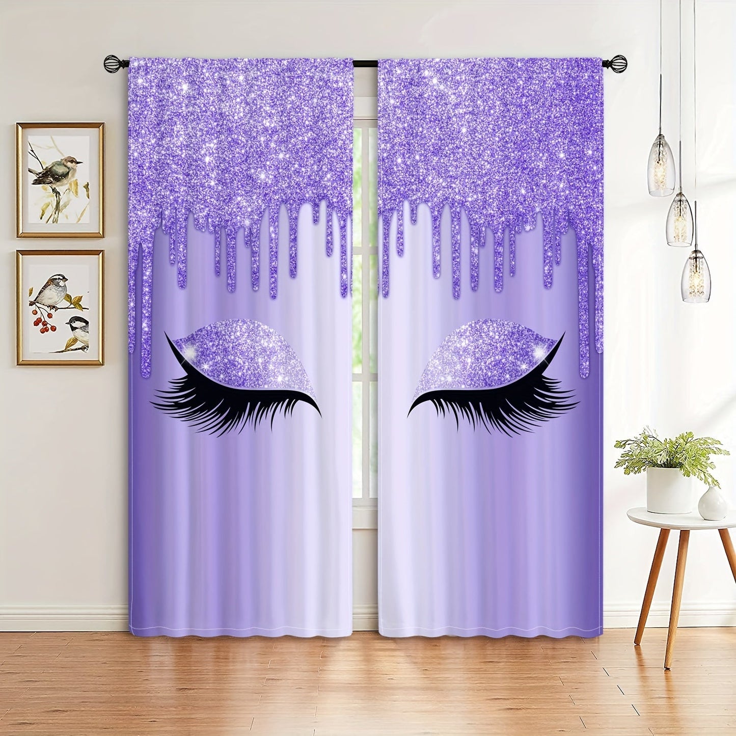 Set of two Eyelash Printed Curtains, Rod Pocket Window Treatments ideal for Bedroom, Office, Kitchen, Living Room, Study, and Home Decor. Enhance your room with stylish and aesthetic decorative curtains.