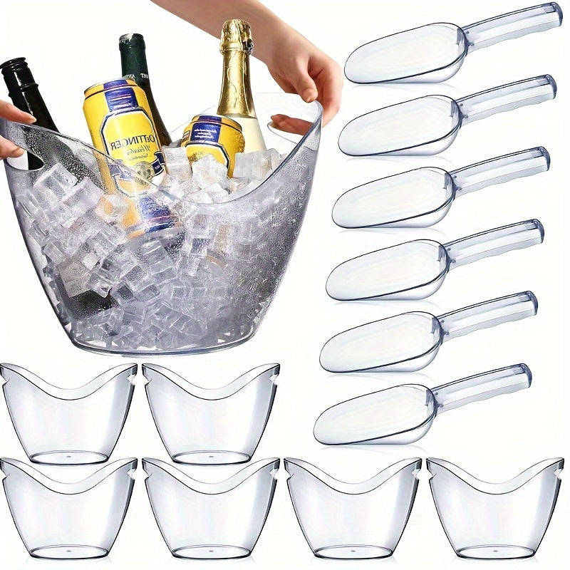 Get ready for your next party with the 12-Piece Acrylic Champagne Ice Bucket Set! This set includes party ice scoops, 6 drink cups, a clear ice bucket for cocktail bars, a large wine cooler, and 6 plastic beer spoons. Perfect for home parties and events