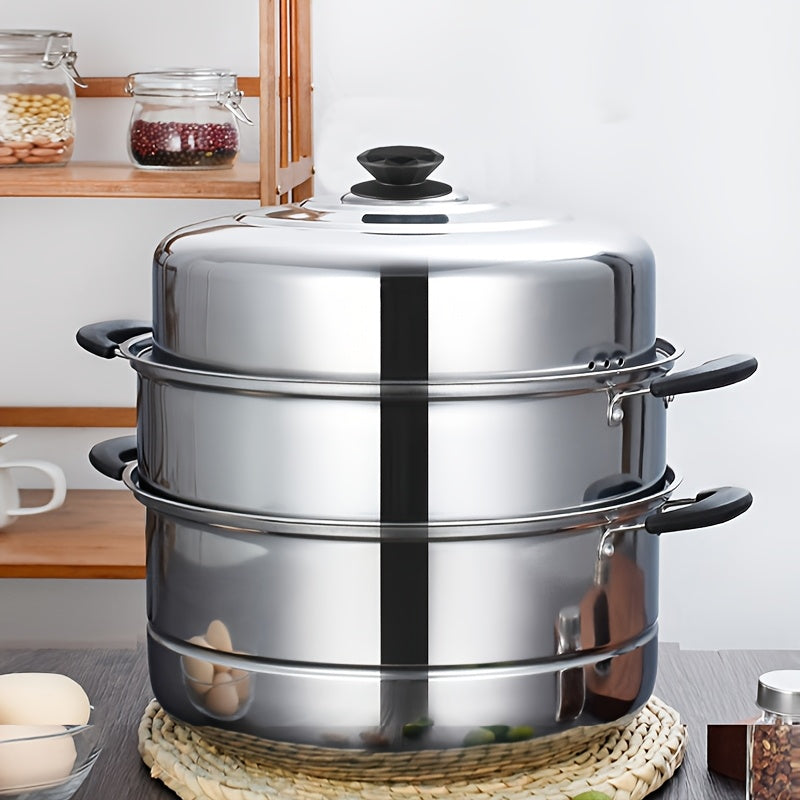 A versatile 3-tier stainless steel steamer set with a lid that is ideal for steaming bread, fish, and vegetables. This steamer set is compatible with induction and gas stoves, making it perfect for use in any kitchen. It is a must-have kitchen essential