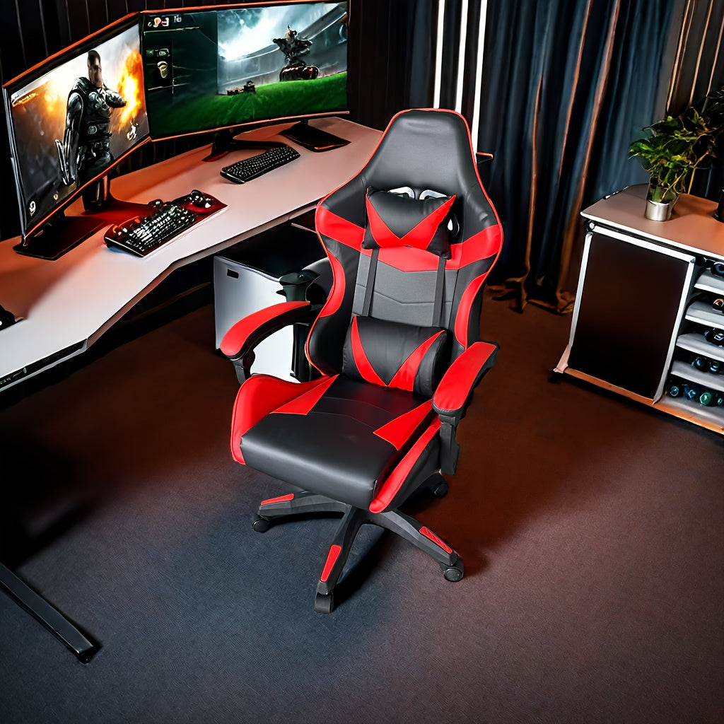 Ergonomic gaming chair with headrest and lumbar support, adjustable height and back tilt, 360° swivel, iron frame and sponge filling, plastic material with casters, handle-operated