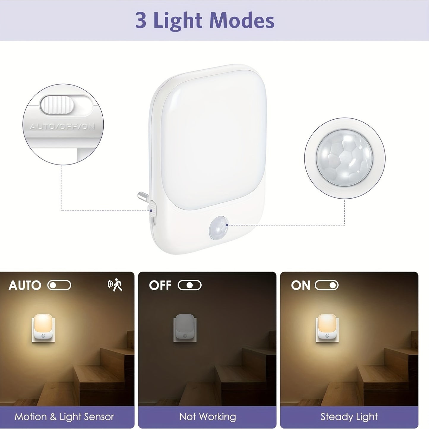 Motion Sensor Night Light Socket with 5 Adjustable Brightness LED Lights in Warm White, Modern Freestanding Wall Mounted Night Lamps for Bedroom, Hallway, and Kitchen. Includes European Standard Plug.