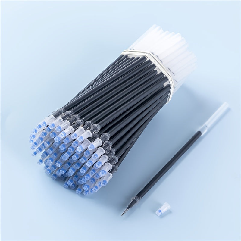 50 gel pen refills, 0.5mm fine tip in red, blue, and black. Ideal for office and school, smooth writing.