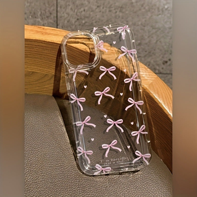 Pink Small Bow Transparent Anti-Fall Mobile Phone Case for Apple iPhones, suitable for SE to 16 Pro Max series. Perfect for gifting.