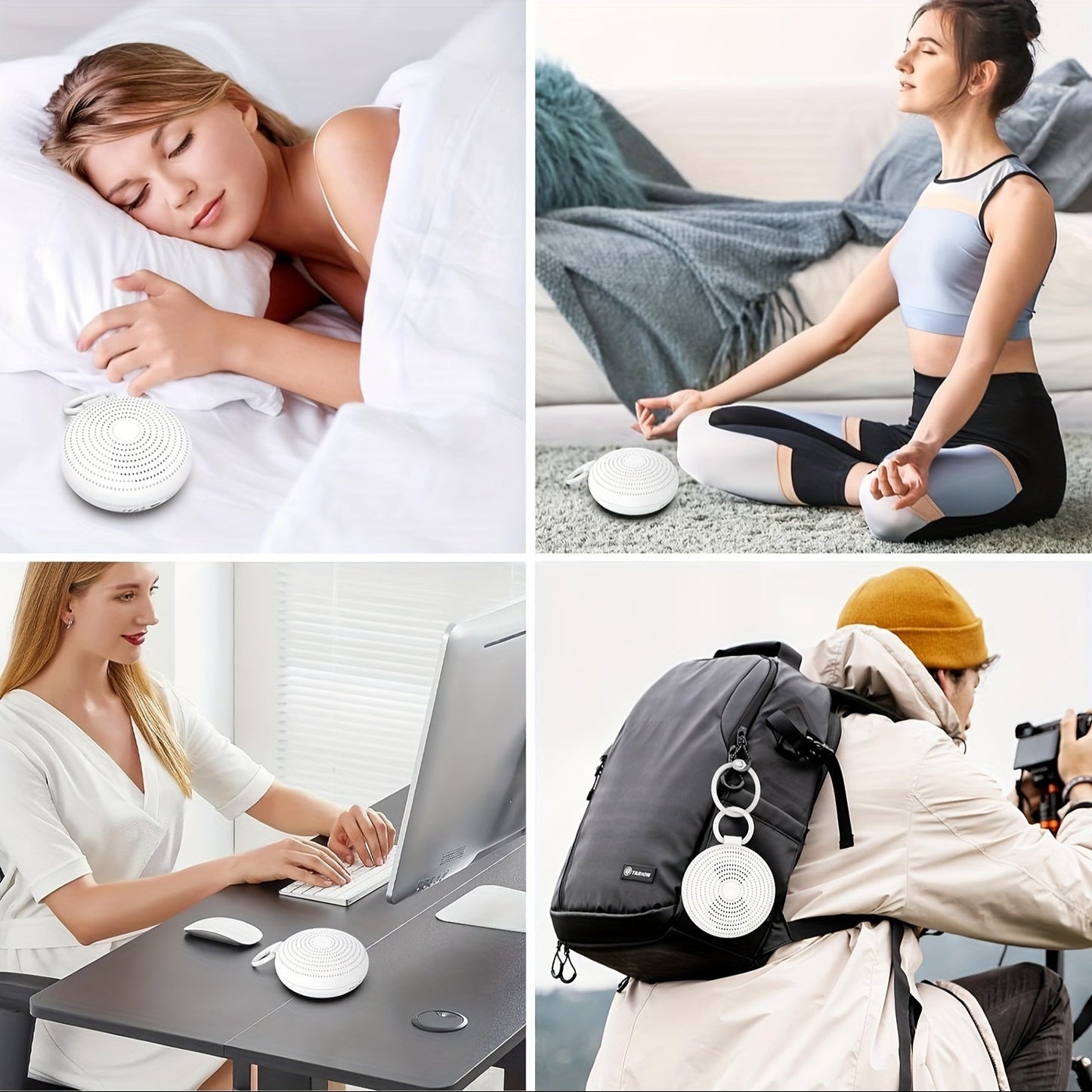 White Noise Sound Machine SA18 features 24 soothing sounds, a customizable night light, and a convenient travel hook - perfect for relaxation and children.