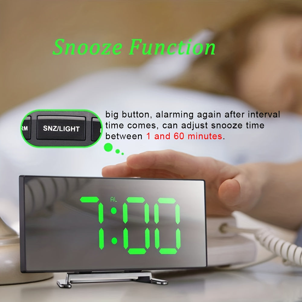 Curved LED Mirror Clock: Silent Alarm, Dimmable, USB/Battery Powered - Ideal Home Decor