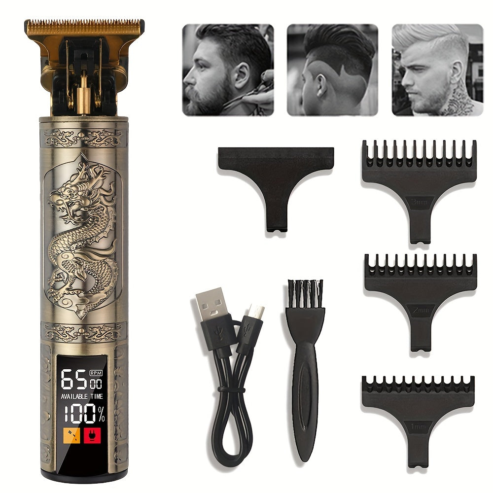 USB rechargeable hair clippers for men with guide combs for precise haircuts.