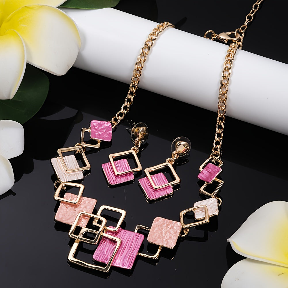 One trendy geometric design jewelry set includes one pair of earrings and one necklace in boho style, perfect to match with daily outfits or as a party accessory. Made from enamel, this set is a must-have addition to your jewelry collection.