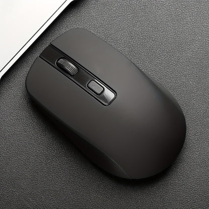 Battery powered 4D Button Wireless Optical Mouse with an ambidextrous plastic design for laptops and desktops - battery not included.