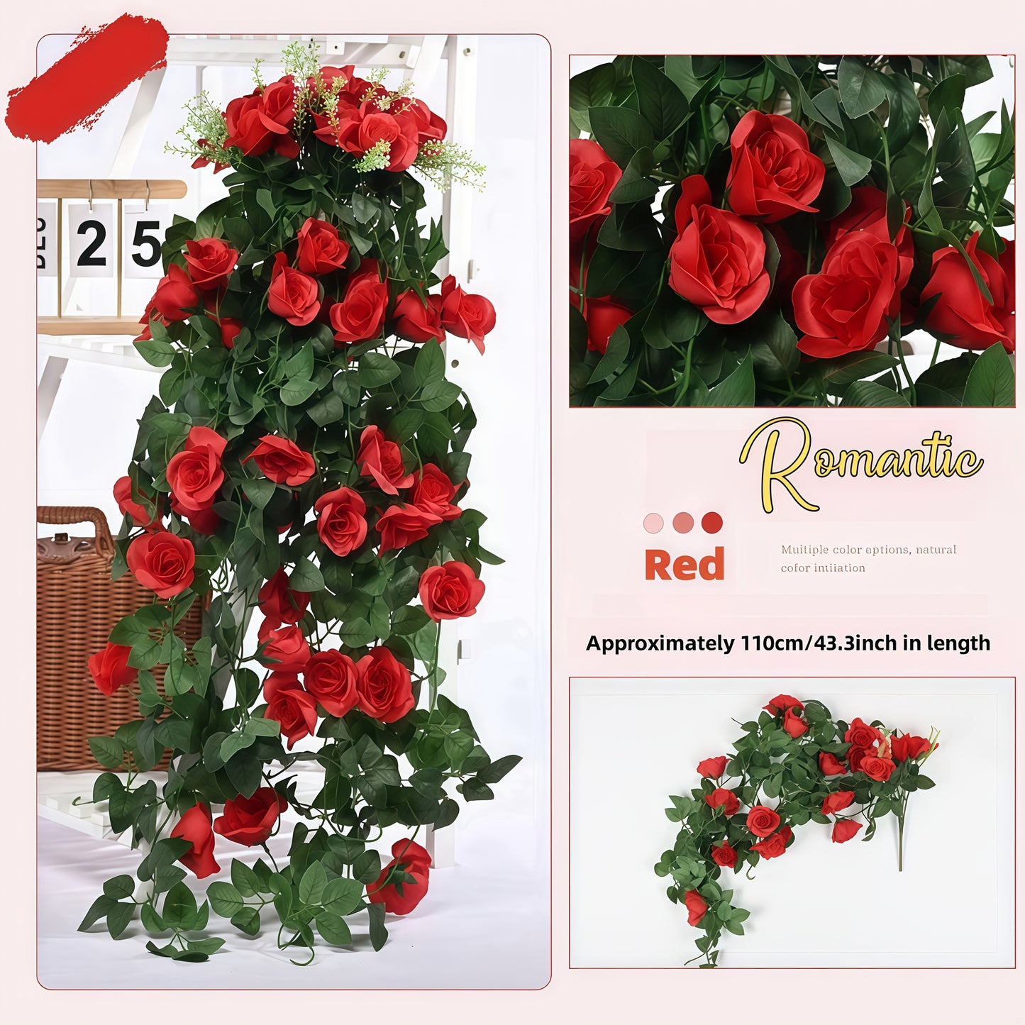 Two large rose vines, each measuring 219.96 cm in length, with 36 blooms. Ideal for home decor in spring and summer, as well as for events like festivals, parties, Valentine's Day