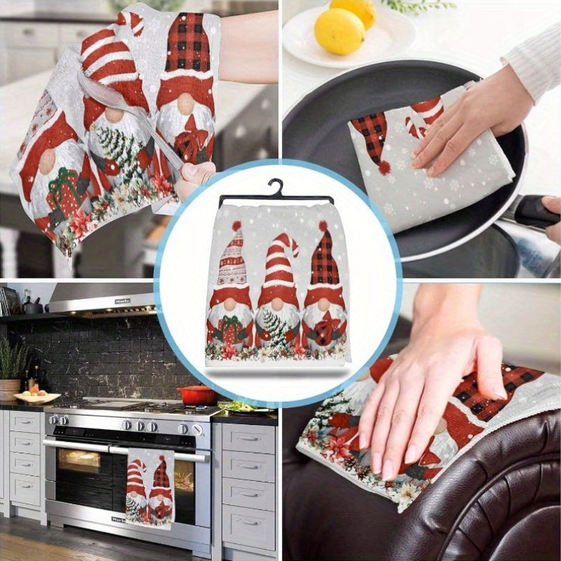 A festive Merry Christmas themed kitchen towel set featuring 2 pieces in dimensions of 45.72*66.04cm. The design includes dwarfs, Christmas trees, and poinsettia balls in gray. The set includes a soft and durable kitchen dish towel and hand towel.