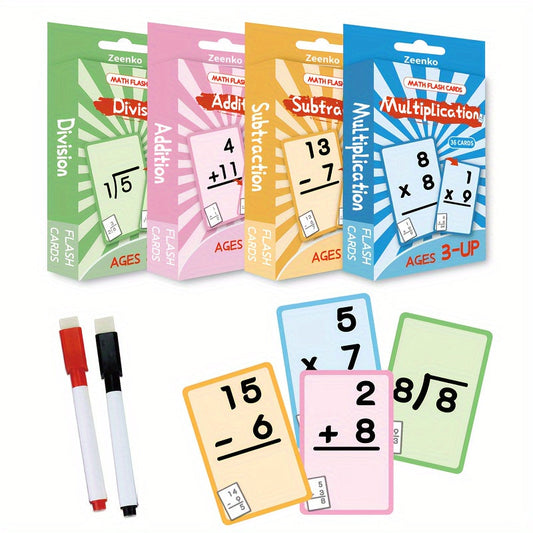 Erasable Double-Sided Educational Math Flash Cards Set for Kids Ages 2+ - Learn Arithmetic Addition, Subtraction, Multiplication, and Division with Durable Paper Cards