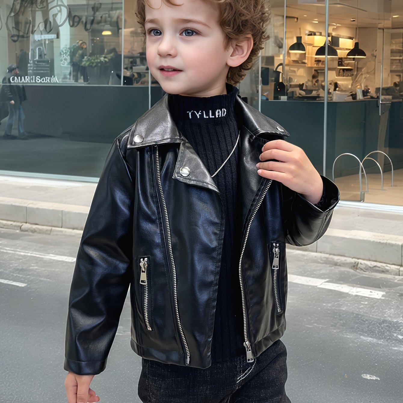 Boys' stylish motorcycle biker jacket in black, perfect for spring/fall weather, features button-up front and side pockets.